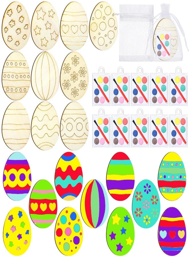 Silipull 30 Set Easter Egg Painting Kit Wood DIY Crafts Include Easter Eggs Unfinished Wooden Cutout Colorful Solid Paints and White Organza Bags for Painting Crafts and Decorations - Image 1